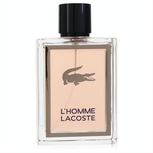 Sophisticated Lacoste L'homme men's EDT. Clear rectangular bottle, black cap, iconic crocodile logo, and warm amber liquid.
