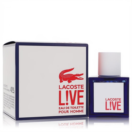 Elevate your style with Lacoste Live 1.3 oz men's cologne. Sleek dark blue bottle, white cap, and iconic red crocodile box.