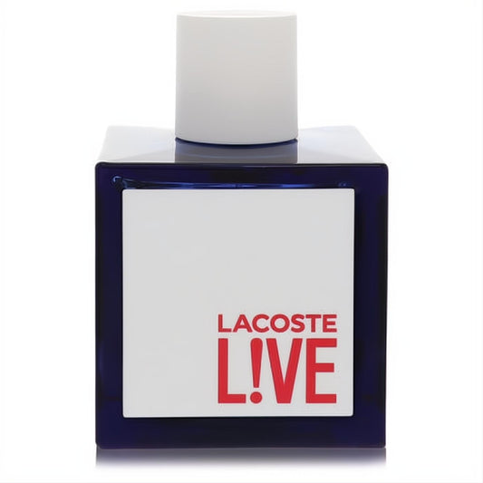 Lacoste Live men's Eau De Toilette in a bold dark blue square glass bottle with a white cap and striking red "LIVE" logo.