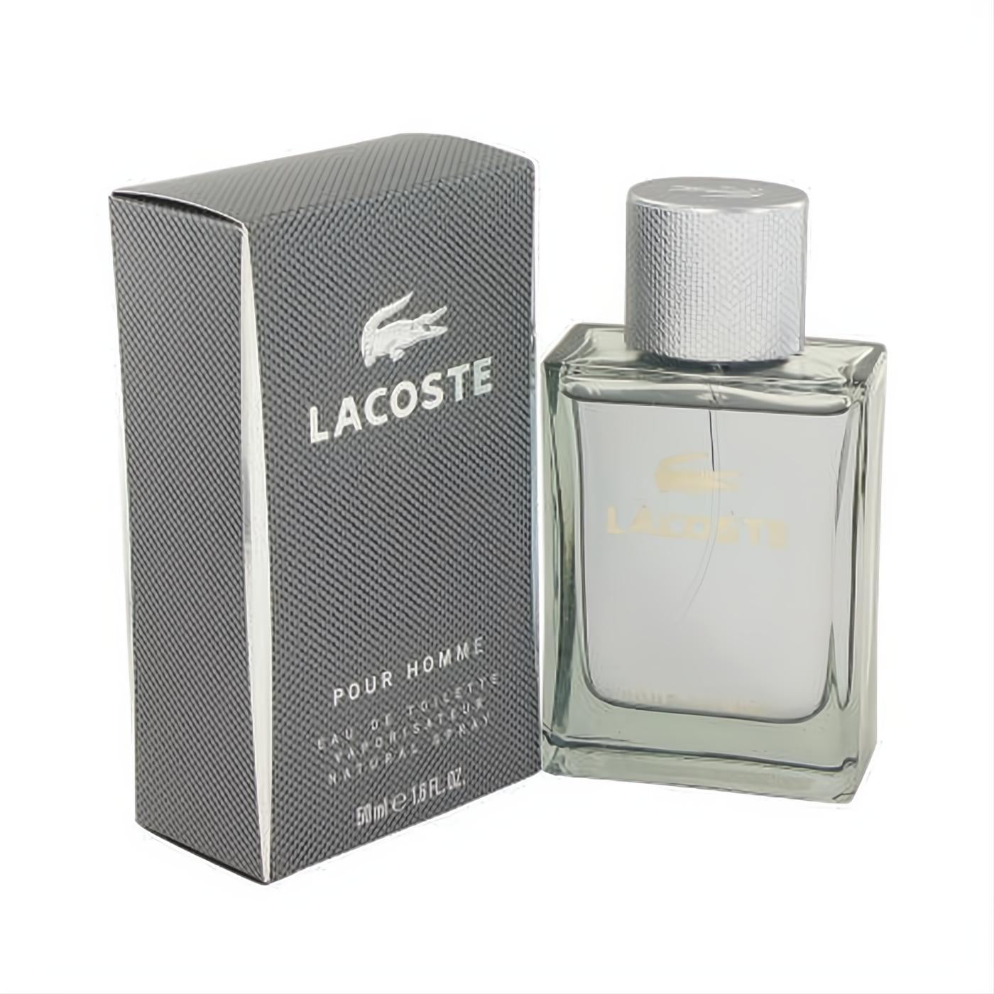Lacoste Pour Homme 1.6 oz EDT spray. Clear glass bottle, silver cap, gold logo, and sleek dark grey box. A modern, masculine fragrance.