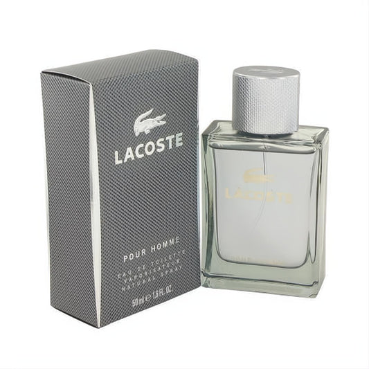 Lacoste Pour Homme 1.6 oz EDT spray. Clear glass bottle, silver cap, gold logo, and sleek dark grey box. A modern, masculine fragrance.