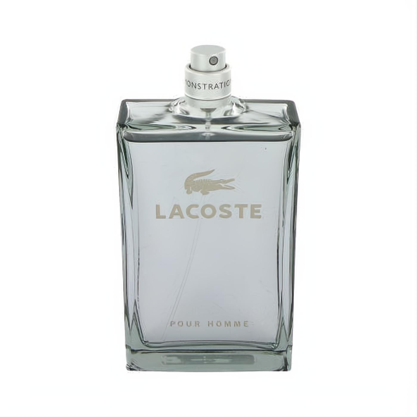 Sleek Lacoste Pour Homme tester cologne bottle, clear glass with silver crocodile logo and "ONSTRATIO" on sprayer.