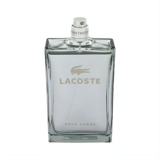 Sleek Lacoste Pour Homme tester cologne bottle, clear glass with silver crocodile logo and "ONSTRATIO" on sprayer.