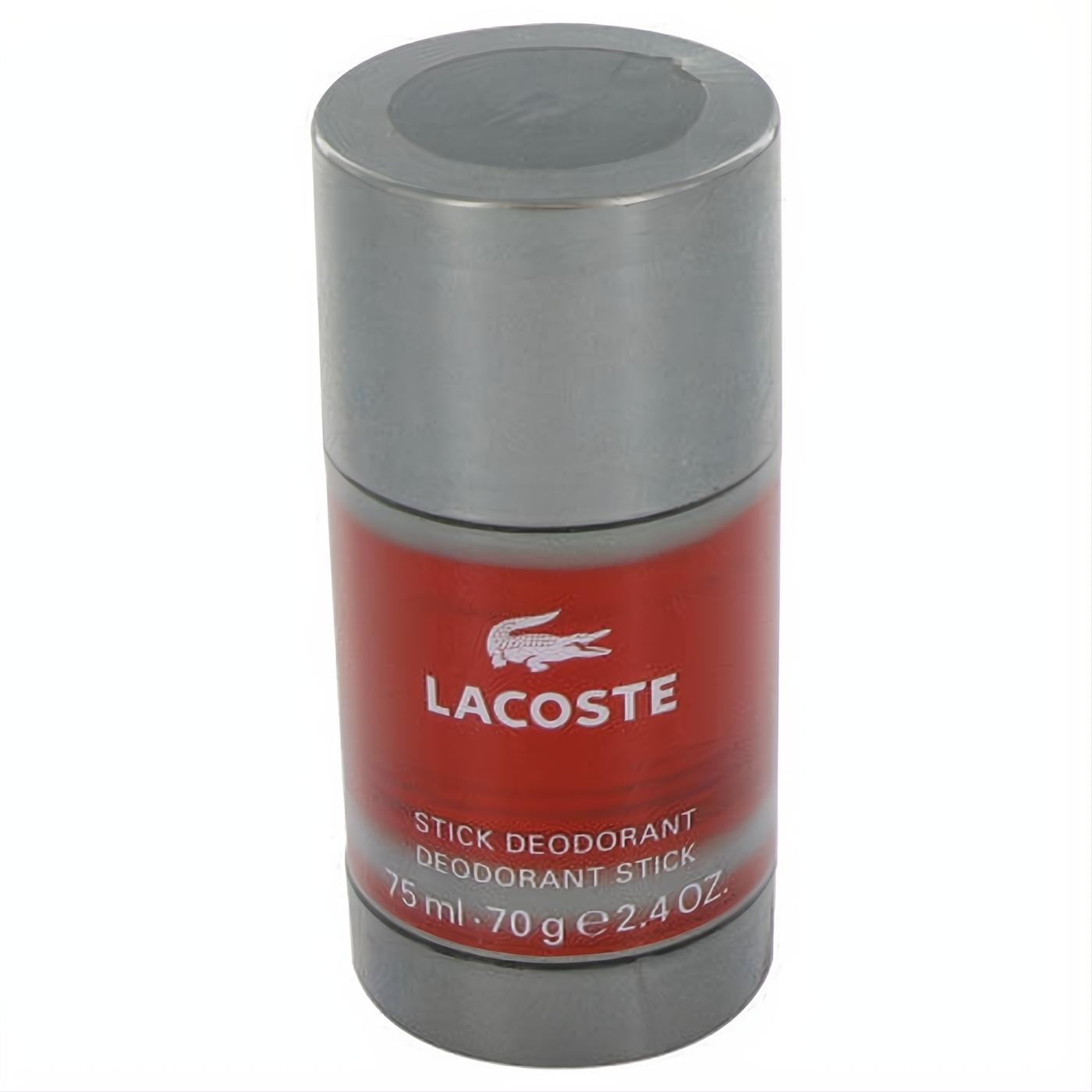 Lacoste Red Style In Play men's deodorant stick, 2.4 oz, with a bold red label, iconic crocodile logo, and sleek silver packaging.
