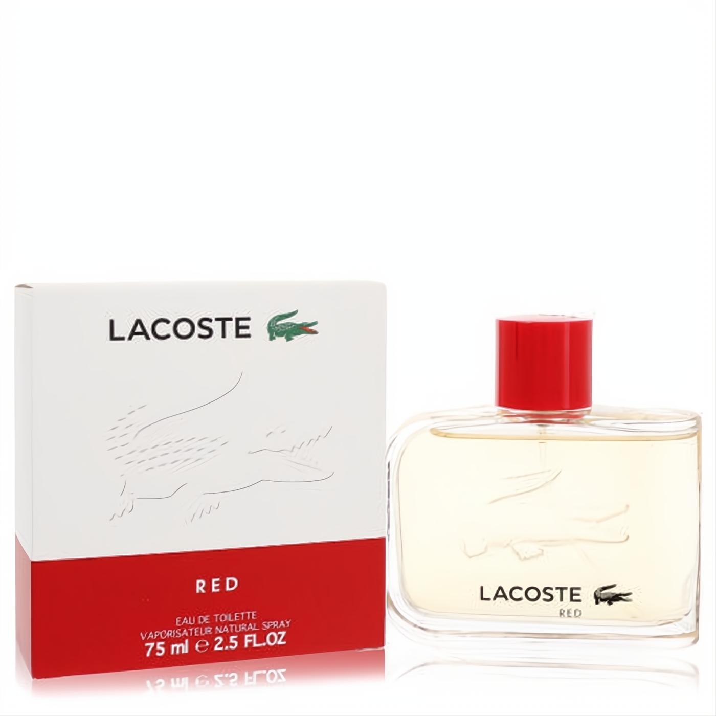 Experience Lacoste Red Style In Play 2.5 oz EDT. Clear bottle with iconic embossed crocodile, vibrant red cap, and sleek white/red box.