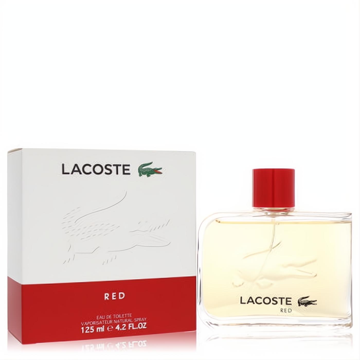 Lacoste Red Style In Play 4.2 oz EDT spray. Clear glass bottle with bold red cap, showcased with its striking white and red new packaging.