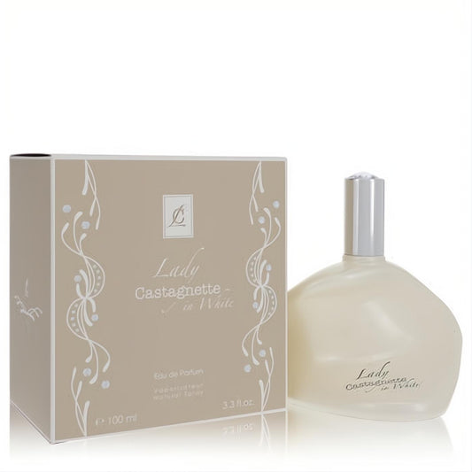 Lady Castagnette In White 3.3 oz Eau de Parfum spray: elegant creamy white bottle with silver cap and ornate beige box.