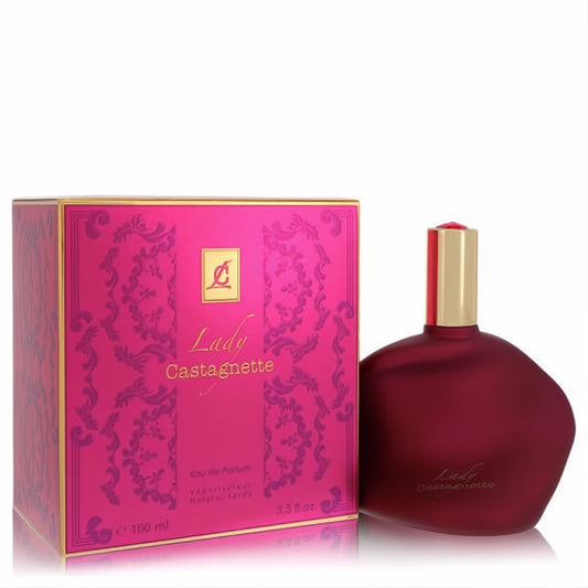 Discover Lady Castagnette 3.3 oz Eau de Parfum. Features a captivating matte red bottle and an ornate fuchsia box with gold accents.
