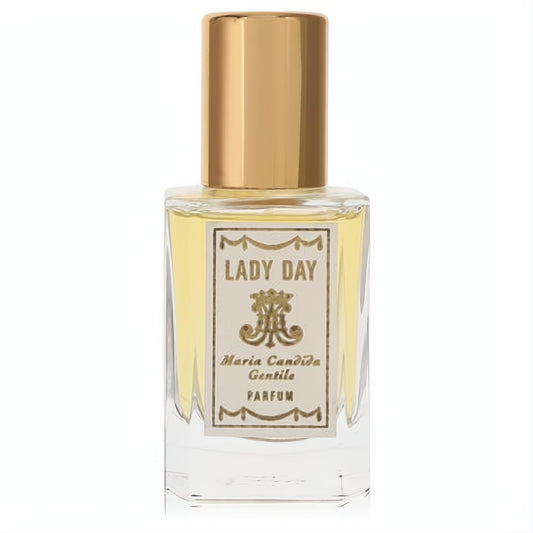 Exquisite Lady Day Maria Candida Gentile 1 oz pure perfume. Elegant clear glass bottle with a radiant gold cap and classic cream label.