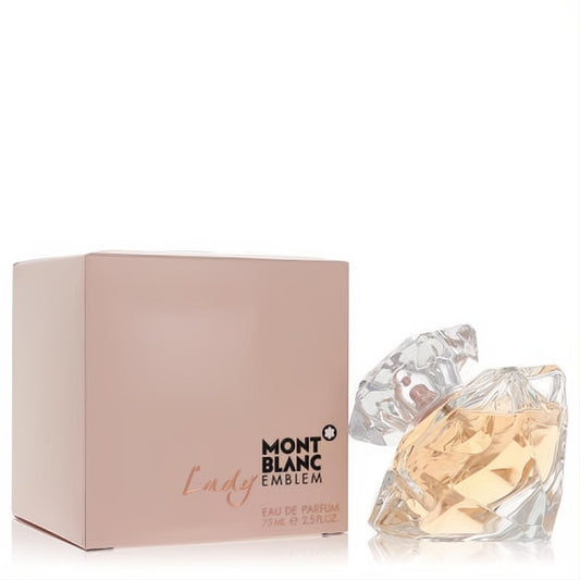 Mont Blanc Lady Emblem 2.5 oz Eau De Parfum. Elegant rose gold box and sparkling diamond-cut bottle with golden fragrance.