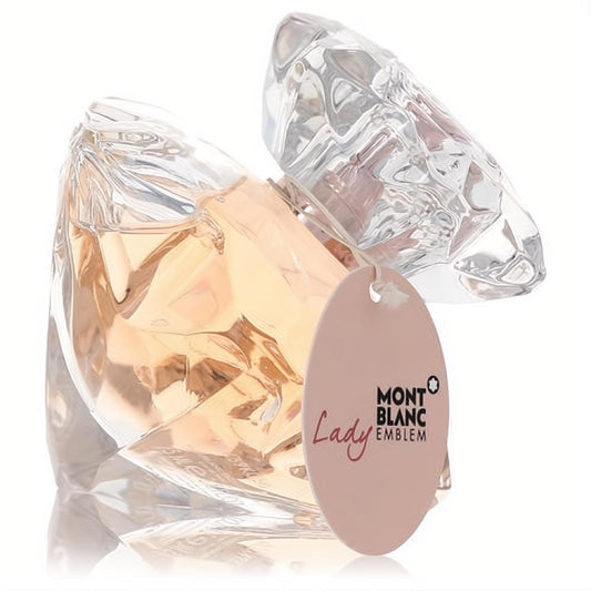 Elegant Mont Blanc Lady Emblem 2.5 oz EDP tester. Faceted clear glass bottle with light amber liquid and pink logo tag.