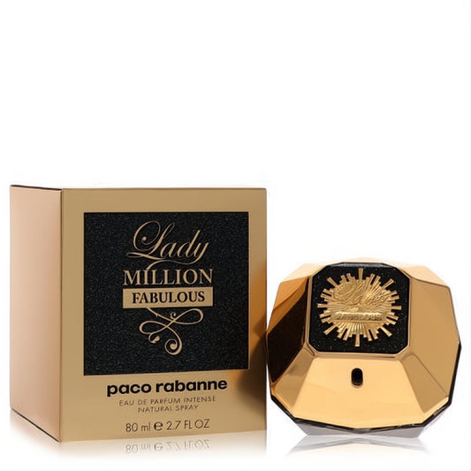Lady Million Fabulous 2.7 oz EDP Intense. Golden faceted bottle with starburst detail, next to its chic black and gold Paco Rabanne box.