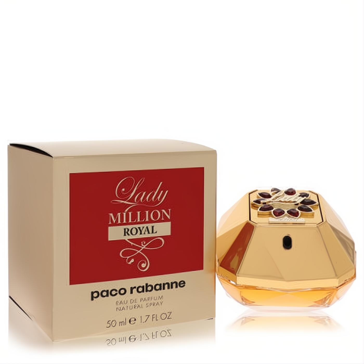 Luxurious Lady Million Royal Paco Rabanne 1.7 oz EDP. Dazzling gold diamond-faceted bottle with red jewel accents and elegant gold box.