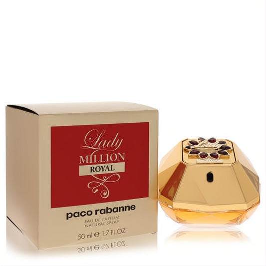 Luxurious Lady Million Royal Paco Rabanne 1.7 oz EDP. Dazzling gold diamond-faceted bottle with red jewel accents and elegant gold box.