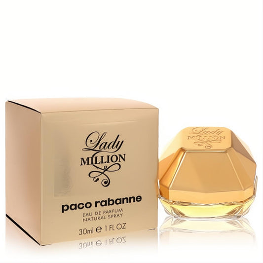 Dazzling golden faceted Lady Million Paco Rabanne 1 oz Eau De Parfum spray bottle and luxurious matching box.