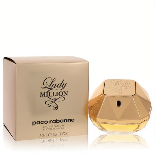 Lady Million Paco Rabanne 1.7 oz women's EDP. Dazzling gold diamond bottle and elegant matching box.