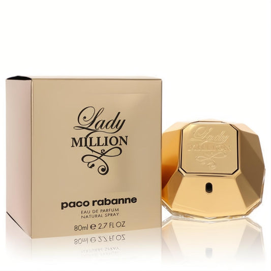 Lady Million by Paco Rabanne 2.7 oz Eau de Parfum. Luxurious gold faceted bottle with elegant beige box.