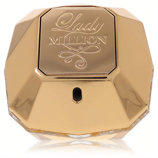 Dazzling gold Lady Million Paco Rabanne 2.7 oz perfume bottle, a luxurious faceted design for women.