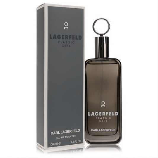 Lagerfeld Classic Grey Eau De Toilette 3.3 oz spray. Elegant grey glass bottle with silver cap and matching Karl Lagerfeld box.