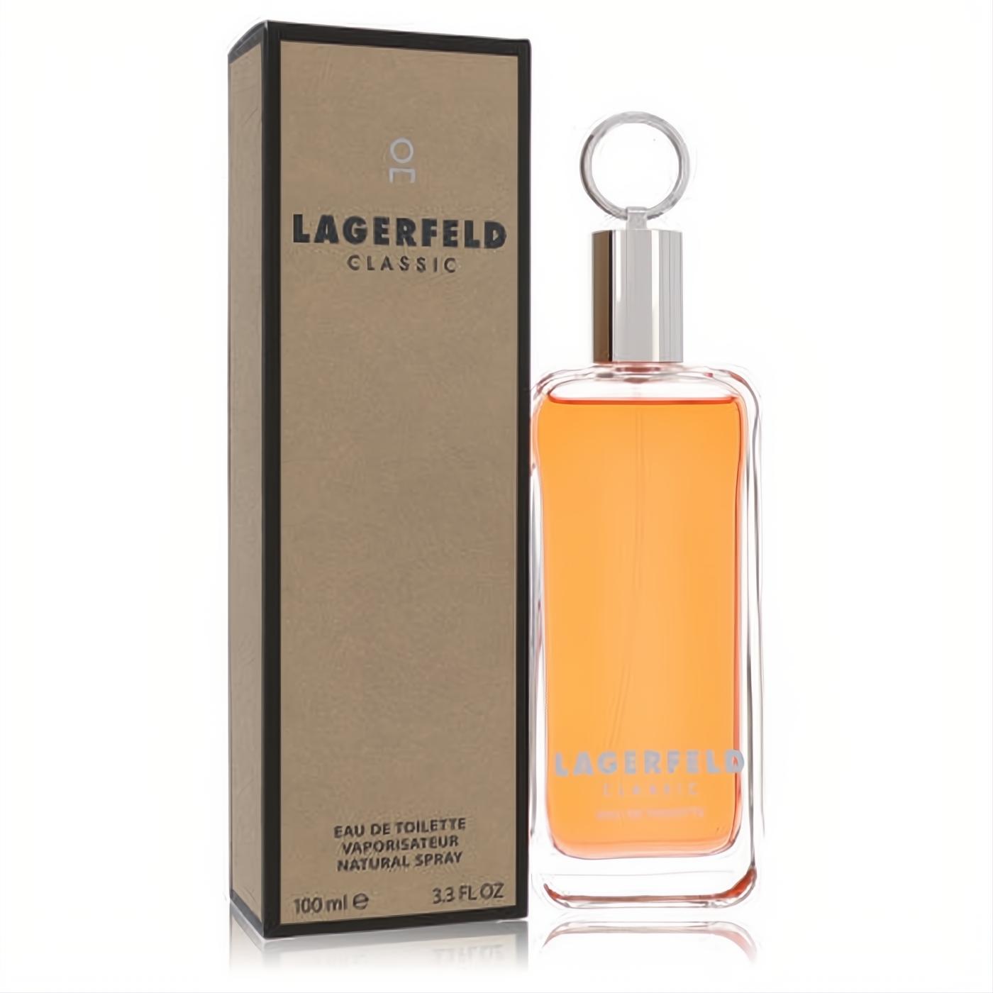 Experience Lagerfeld Classic 3.3 oz EDT. Amber fragrance in a stylish glass bottle with unique silver ring cap, next to its elegant dark box.