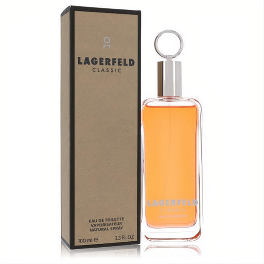 Experience Lagerfeld Classic 3.3 oz EDT. Amber fragrance in a stylish glass bottle with unique silver ring cap, next to its elegant dark box.
