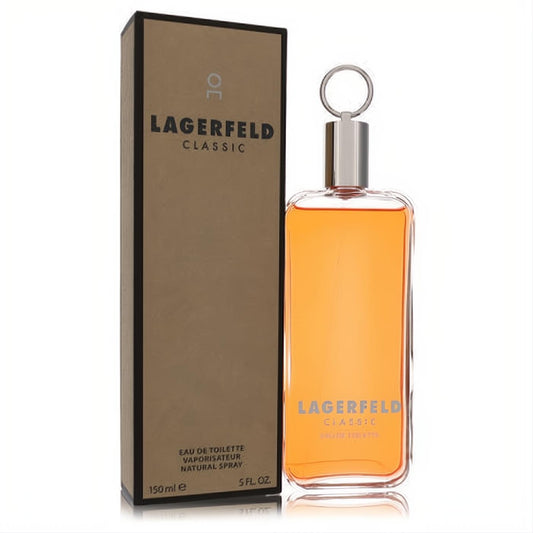Lagerfeld Classic 5 oz EDT spray. Masculine amber fragrance in a sleek clear glass bottle with silver cap, next to its elegant brown box.