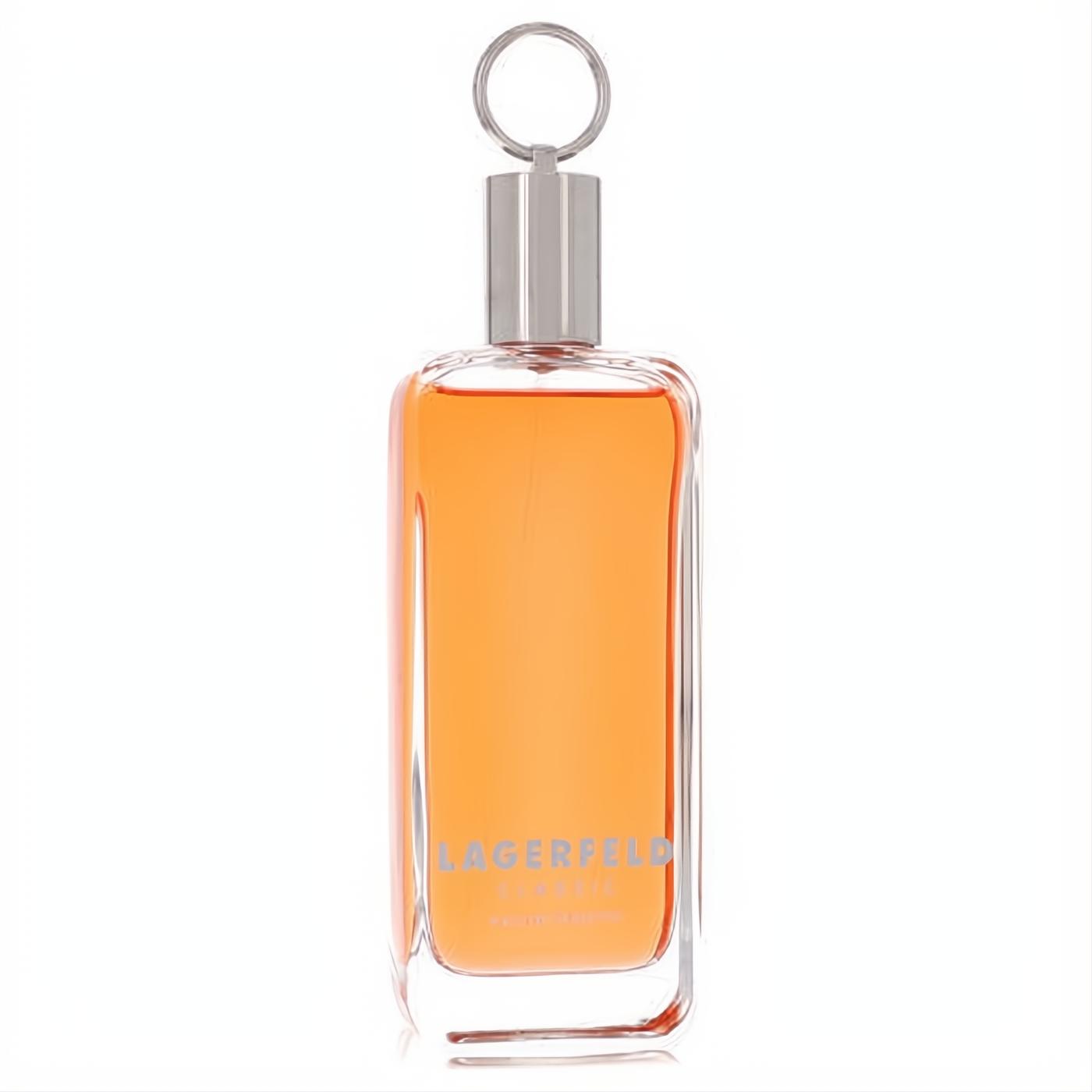 Lagerfeld men's EDT spray with vibrant orange liquid in a sleek rectangular glass bottle, featuring a unique silver ring cap.