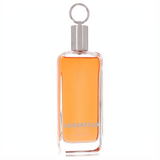Lagerfeld men's EDT spray with vibrant orange liquid in a sleek rectangular glass bottle, featuring a unique silver ring cap.