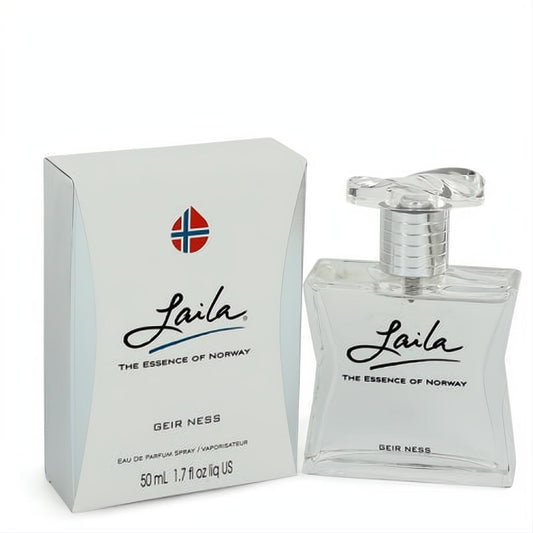 Laila by Geir Ness 1.7 oz EDP. Elegant clear glass bottle with a sculpted cap and white box, celebrating the Essence of Norway.