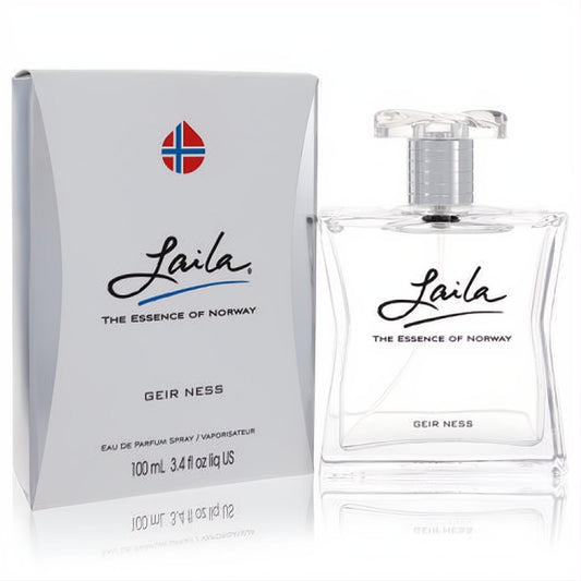 Laila by Geir Ness 3.4 oz Eau De Parfum. Elegant clear glass bottle with script logo, silver sprayer, and white retail box.