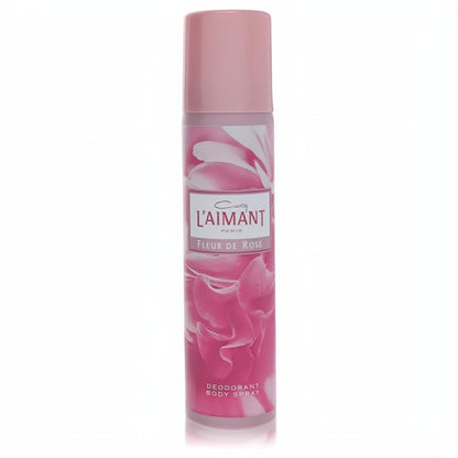 Coty L'aimant Fleur de Rose pink deodorant body spray, featuring a beautiful floral rose petal design and white label.