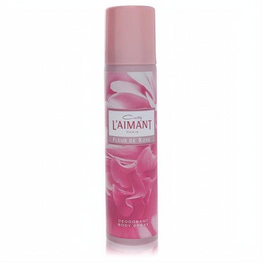 Coty L'aimant Fleur de Rose pink deodorant body spray, featuring a beautiful floral rose petal design and white label.