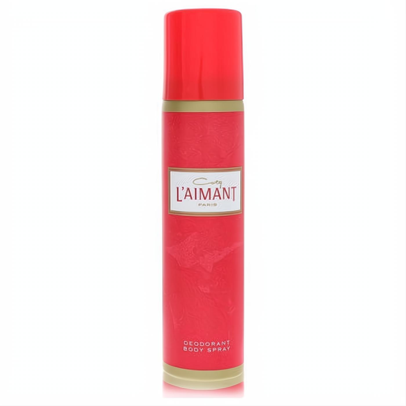 Vibrant red L'aimant by Coty women's deodorant body spray can with elegant gold trim and classic label.
