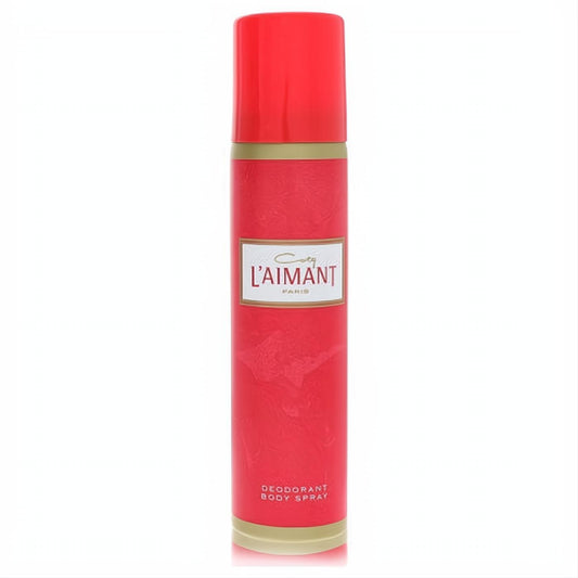 Vibrant red L'aimant by Coty women's deodorant body spray can with elegant gold trim and classic label.