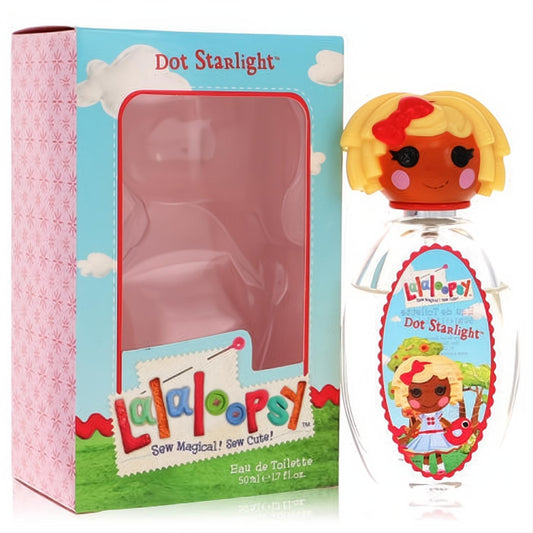 Adorable Lalaloopsy Dot Starlight 1.7 oz Eau de Toilette. Clear bottle with a cute blonde character cap, in a vibrant blue and green box.