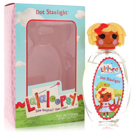 Charming Lalaloopsy Dot Starlight 3.4 oz perfume. Clear bottle with a yellow doll-head cap, vibrant label, and playful blue & green box.