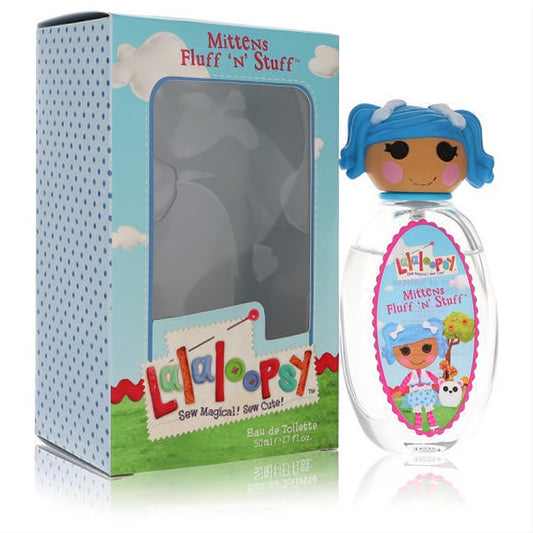 Sweet Lalaloopsy Mittens Fluff 'N Stuff 1.7 oz EDT. Clear bottle with a cute blue doll cap and colorful character label, next to its polka-dot box.