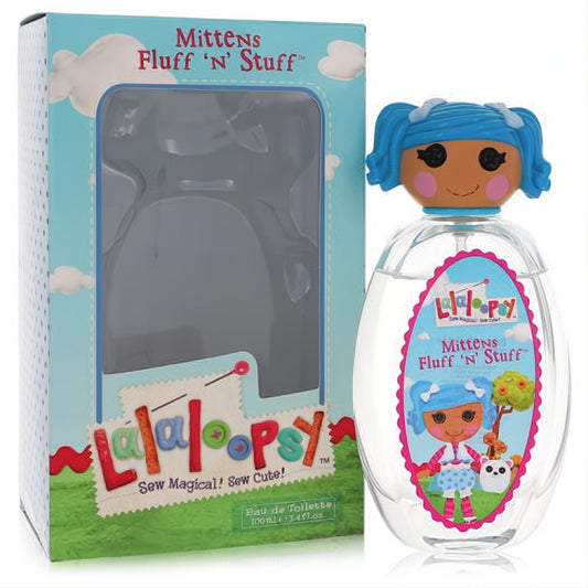 Charming Lalaloopsy Mittens Fluff 'N Stuff 3.4 oz girls' fragrance. Clear bottle with a blue-haired doll cap and playful pink label.