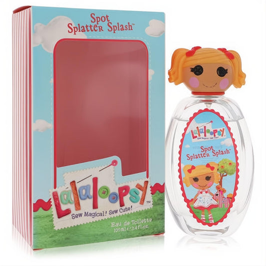 Delightful Lalaloopsy Spot Splatter Splash 3.4 oz EDT perfume. Clear bottle with a blonde doll cap, vibrant character label, and colorful striped box.