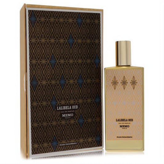 Exquisite Lalibela Oud Memo unisex Eau De Parfum spray. Gold bottle with intricate geometric patterns and a luxurious matching box.