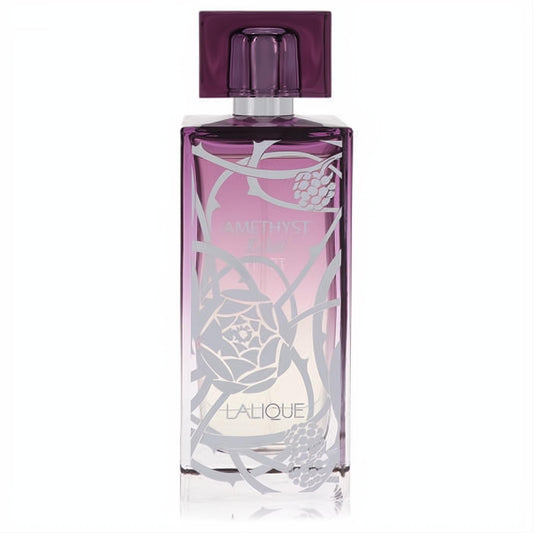 Lalique Amethyst Eclat 3.3 oz women's fragrance. Elegant purple glass bottle with intricate silver floral vine design.