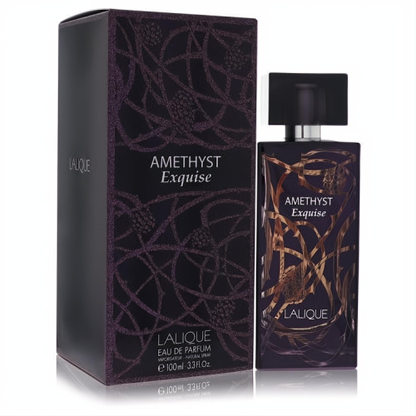 Seductive Lalique Amethyst Exquise 3.3 oz EDP. Elegant dark amethyst bottle & box with intricate gold vine design.