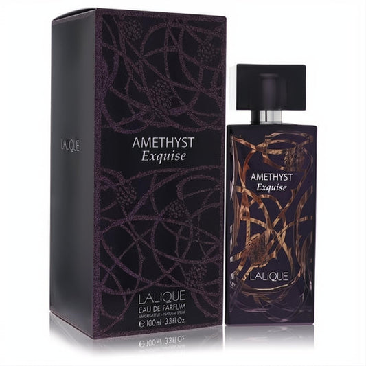 Seductive Lalique Amethyst Exquise 3.3 oz EDP. Elegant dark amethyst bottle & box with intricate gold vine design.