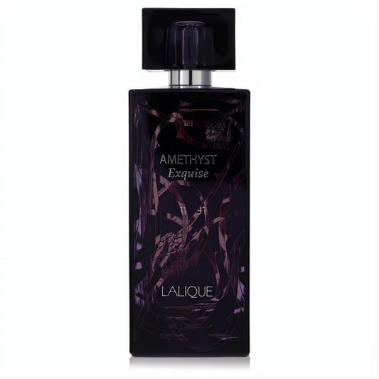 Exquisite Lalique Amethyst Exquise women's perfume in a dark purple bottle with elegant floral design and silver accents.