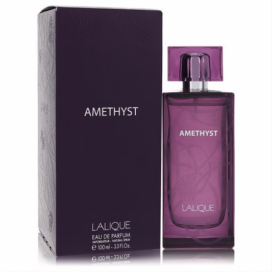 Captivating Lalique Amethyst 3.3 oz Eau De Parfum. Elegant purple glass spray bottle with matching designer box.