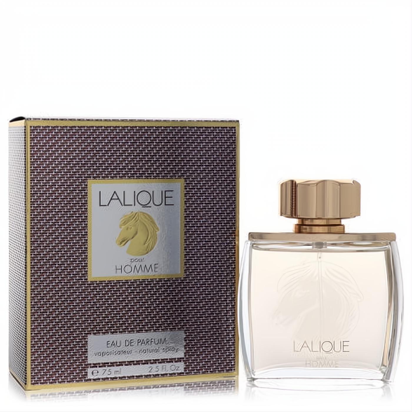 Luxurious Lalique Equus 2.5 oz men's EDP: elegant clear glass bottle with a gold cap and a textured bronze box featuring a striking horse emblem.