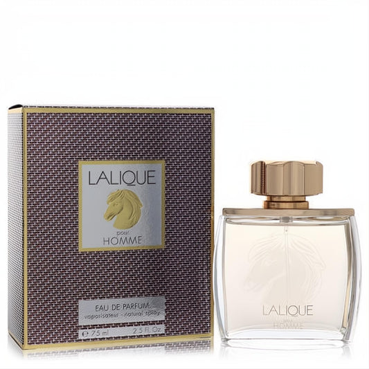 Luxurious Lalique Equus 2.5 oz men's EDP: elegant clear glass bottle with a gold cap and a textured bronze box featuring a striking horse emblem.