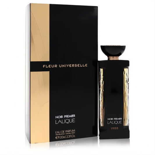 Lalique Fleur Universelle Noir Premier 3.3 oz EDP. Sophisticated black glass bottle with gold art deco accents & matching elegant box.