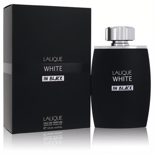 Lalique White In Black 4.2 oz Eau De Parfum. Elegant matte black glass bottle with a sleek silver cap and matching box.