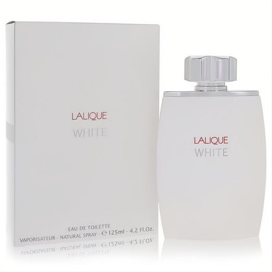 Elegant Lalique White Eau De Toilette 4.2 oz spray. Features a sleek frosted white bottle, faceted silver cap, and crisp white box.